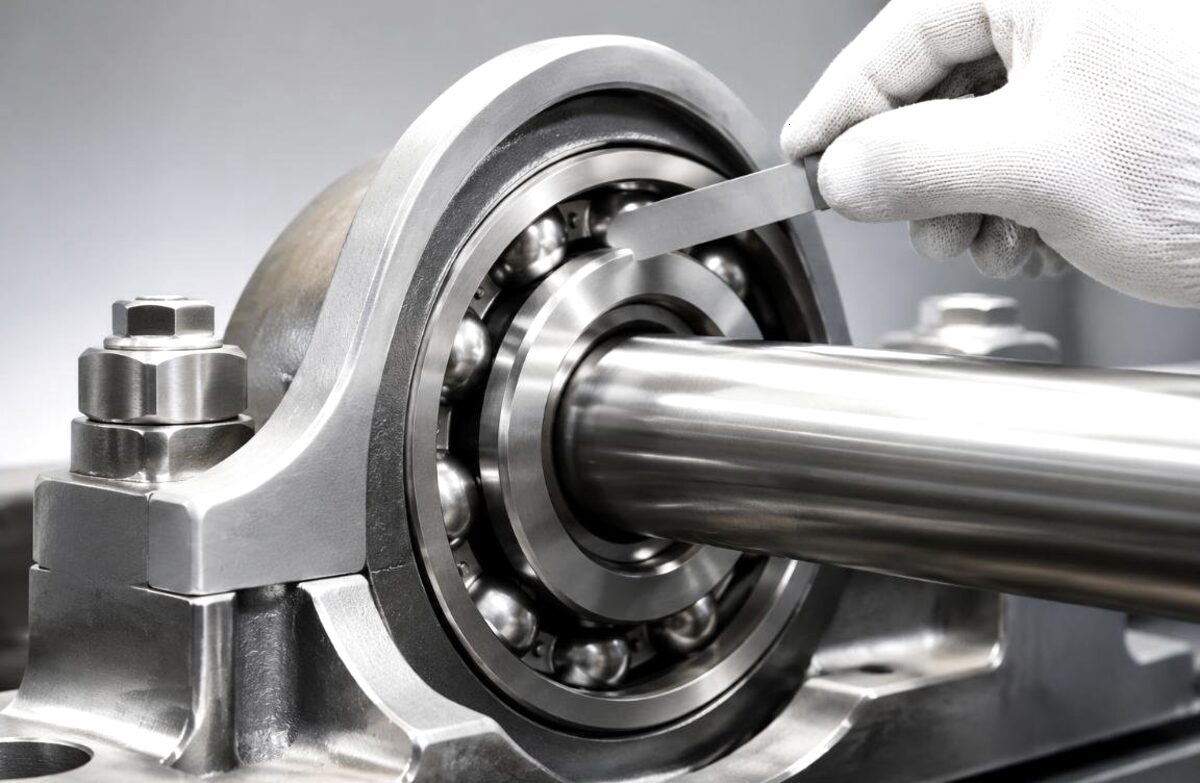 Gloved technician fitting a deep groove ball bearing onto a shaft in a pillow block housing